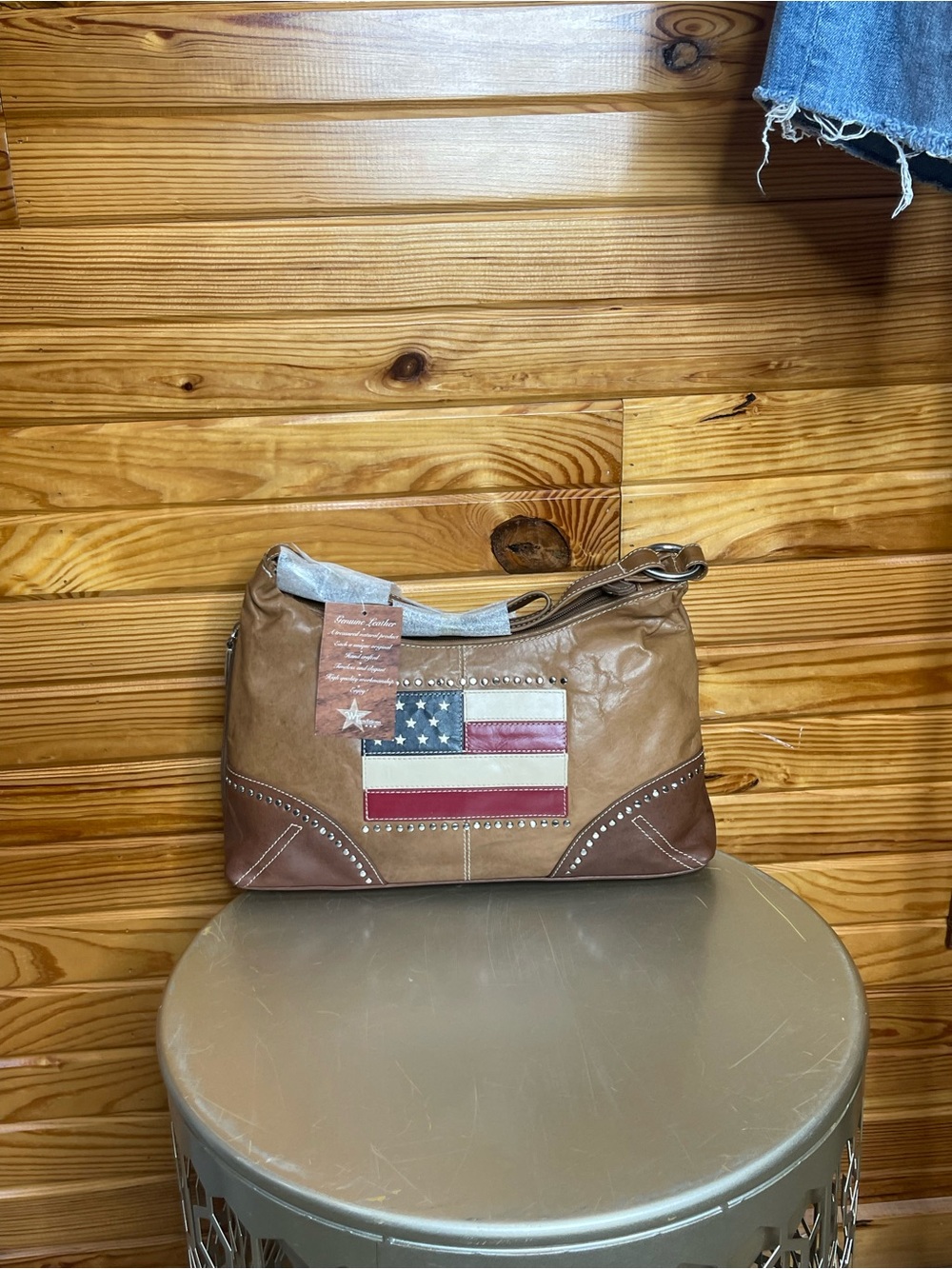 Casual Tan Leather Shoulder Bag with American Flag Patch